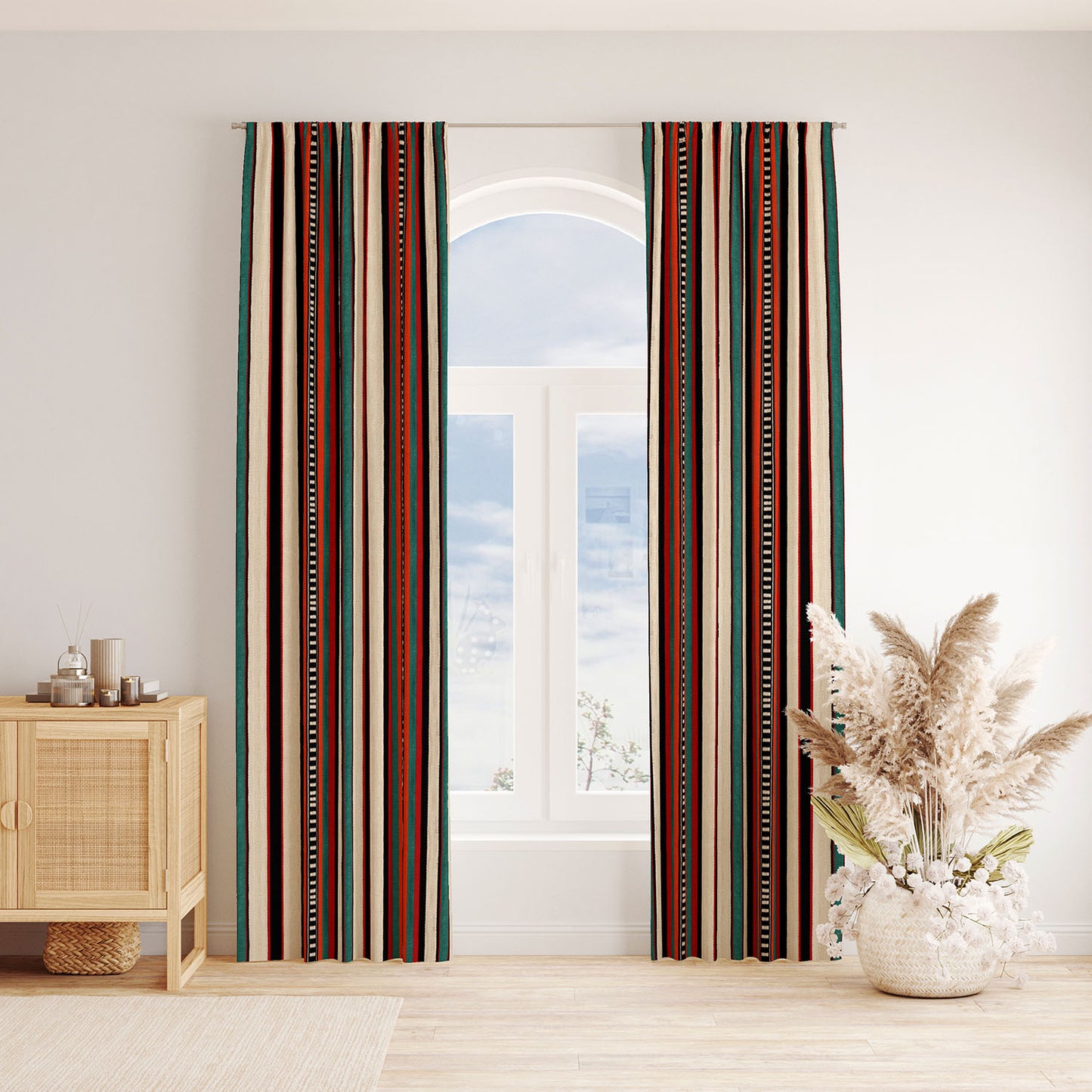 Modern Bohemian Curtains with Blackout in Colorful Ethnic Stripes - Red