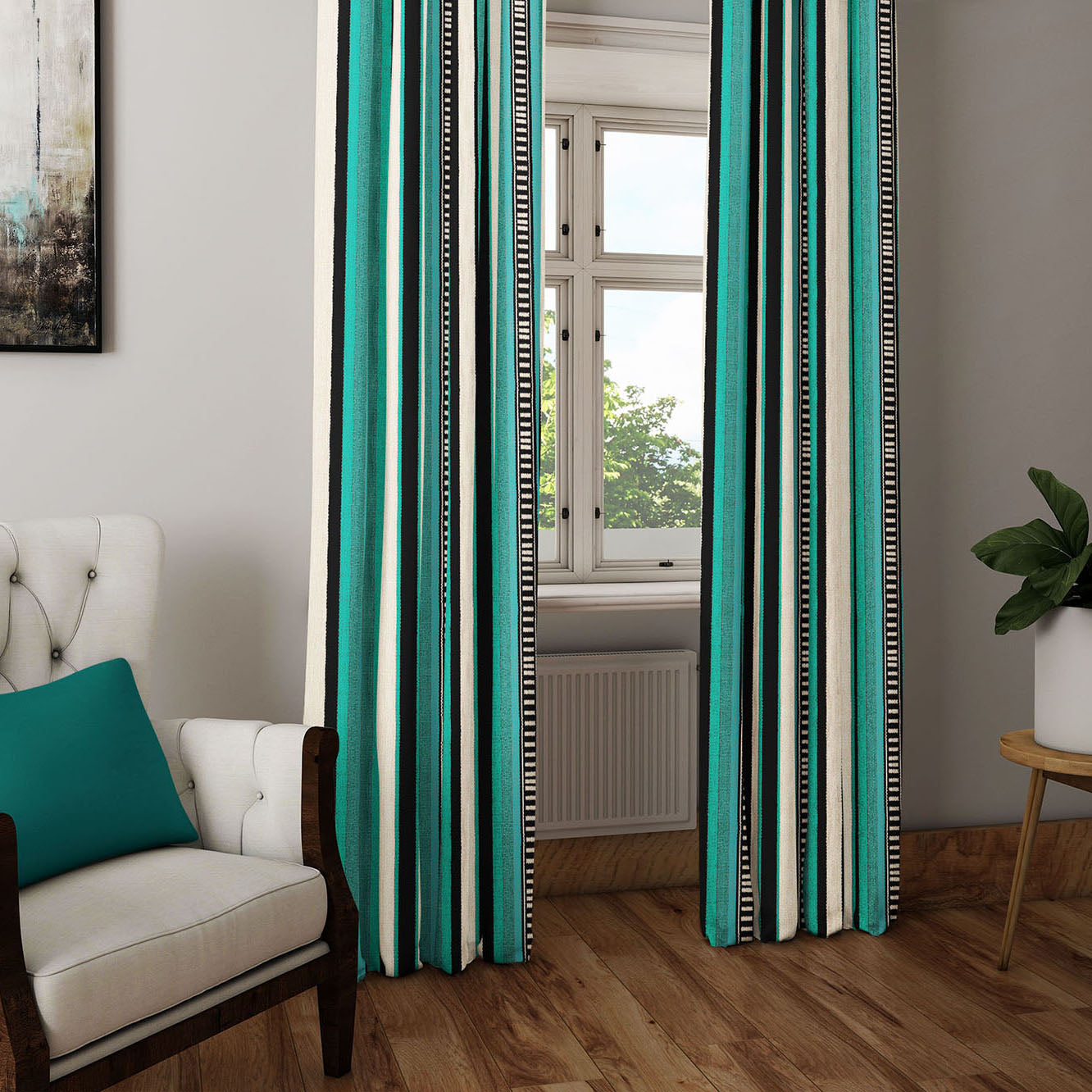 Modern Bohemian Curtains with Blackout in Colorful Ethnic Stripes  - Aqua
