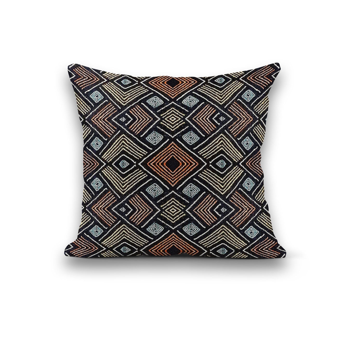 Diamond Kuba Cloth African Pillows - Orange, Yellow Black, Light Blue - 3 Sizes