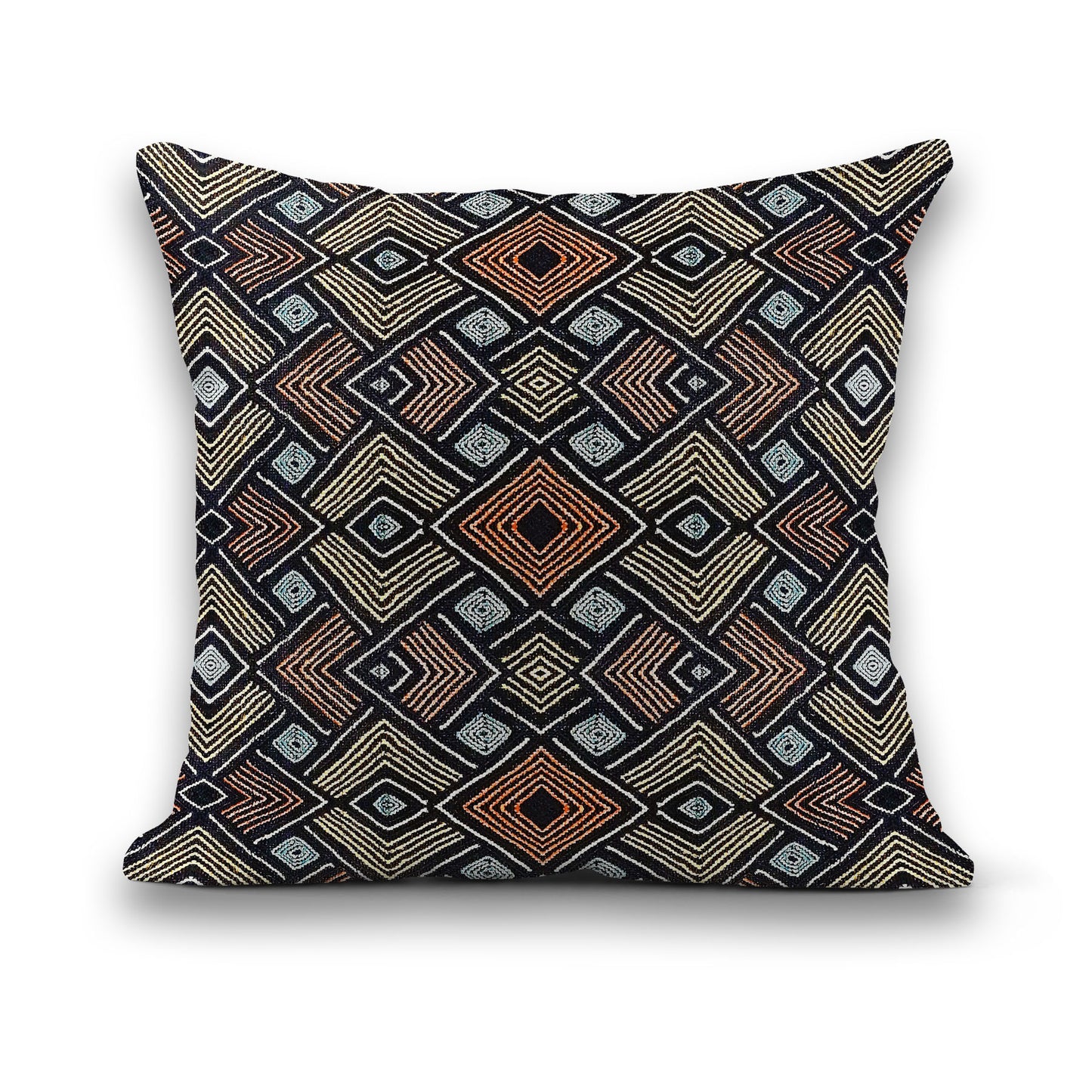 Diamond Kuba Cloth African Pillows - Orange, Yellow Black, Light Blue - 3 Sizes