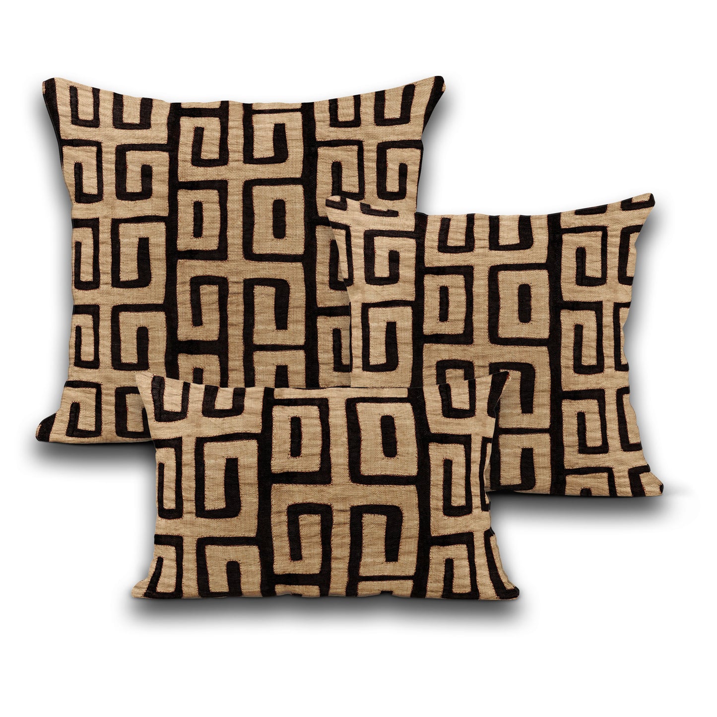 AnitaveeTextile African Kuba Cloth Pillows in Natural Tan and Black - 3 Sizes