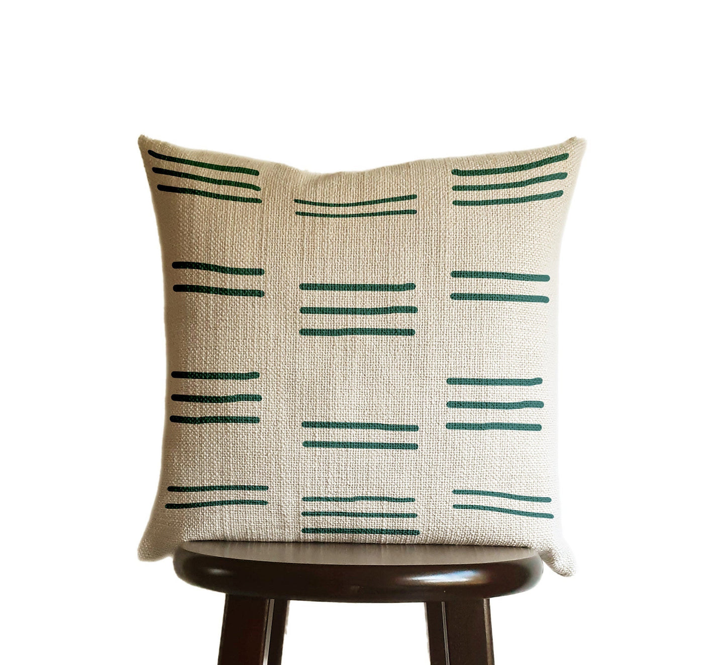 Blue Green Teal Pillow Cover, Tribal Urban Ethnic Square 18x18 in Natural Oatmeal Color Textured Woven Fabric in Modern Boho Home Decor