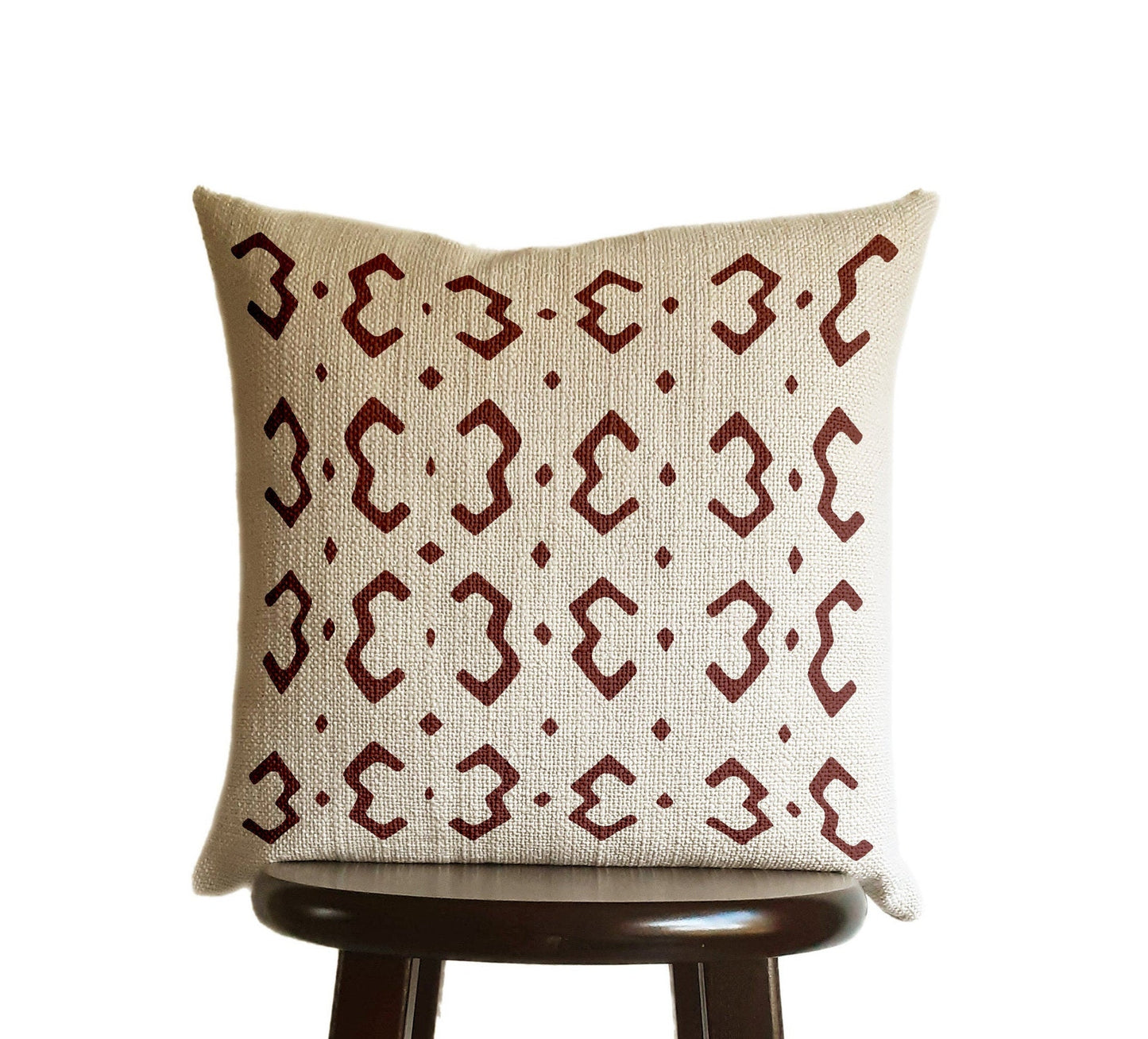 Burgundy Pillow Cover, Maroon Wine Tribal Urban Ethnic Square 18x18 in Natural Oatmeal Color Textured Woven Fabric in Modern Boho Home Decor