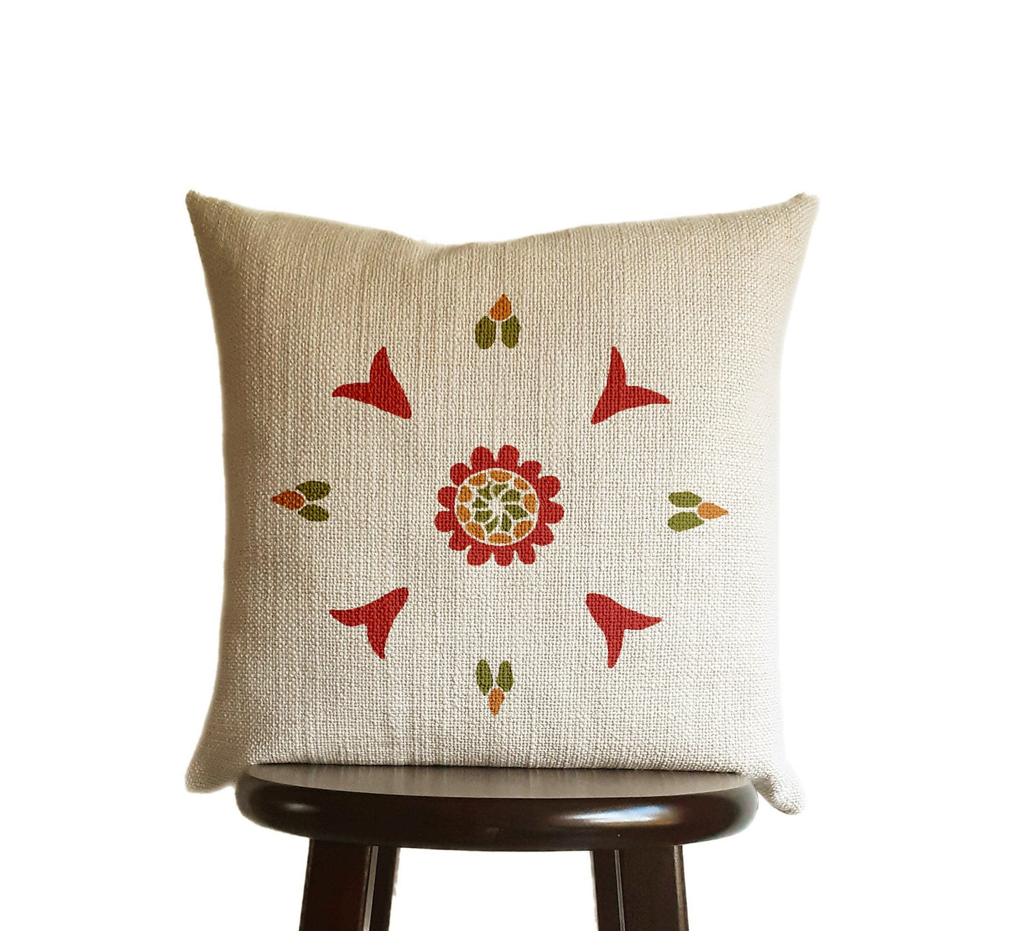Plant Stem Foliage Leaf Pillow Cover Print Burnt Orange Chartreuse, Natural Oatmeal Color Textured Woven Fabric in Modern Boho Home Decor - 18x18"