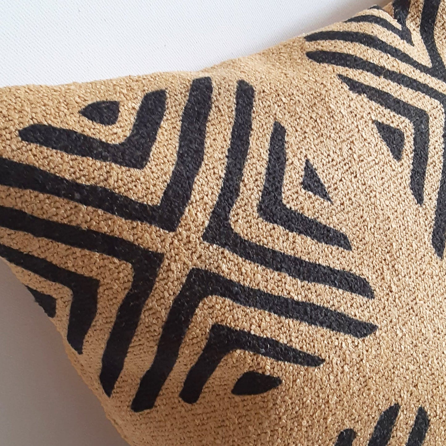 Modern Boho Farmhouse PIllow 18x18 Inch  Mustard Throw Pillow, African Adinkra Print, Ochre Golden Yellow Textured Pillows