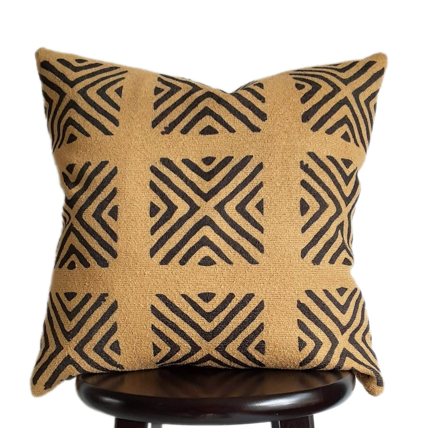 Modern Boho Farmhouse PIllow 18x18 Inch  Mustard Throw Pillow, African Adinkra Print, Ochre Golden Yellow Textured Pillows