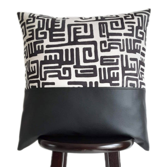 Boho Abstract Kuba Cloth Pillow Cover 20x20 Inch in Oatmeal Color Textured Fabric with Black Faux Leather Pillow Cover in Color Block Design