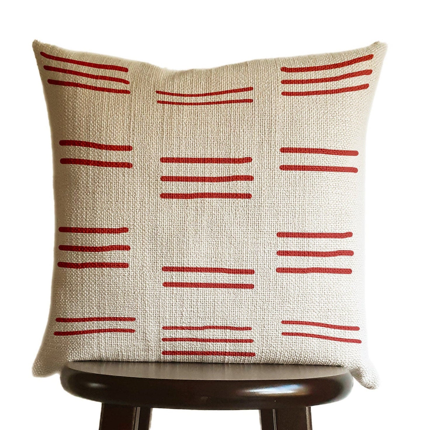 Mudcloth Pillow Cover Clay Red, Lines Print in Natural Oatmeal Color Textured Woven Fabric Modern Boho Home Decor - 18x18"