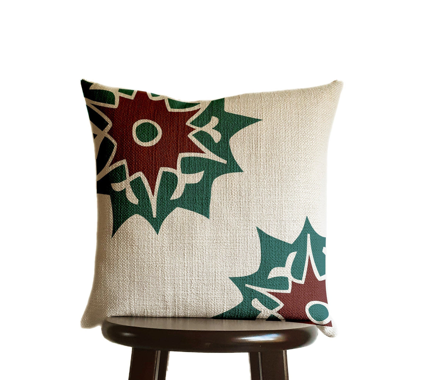 Turkish Pillow Cover Print Teal Burgundy Wine, Natural Oatmeal Color Textured Woven Fabric in Modern Boho Home Decor - 18x18"