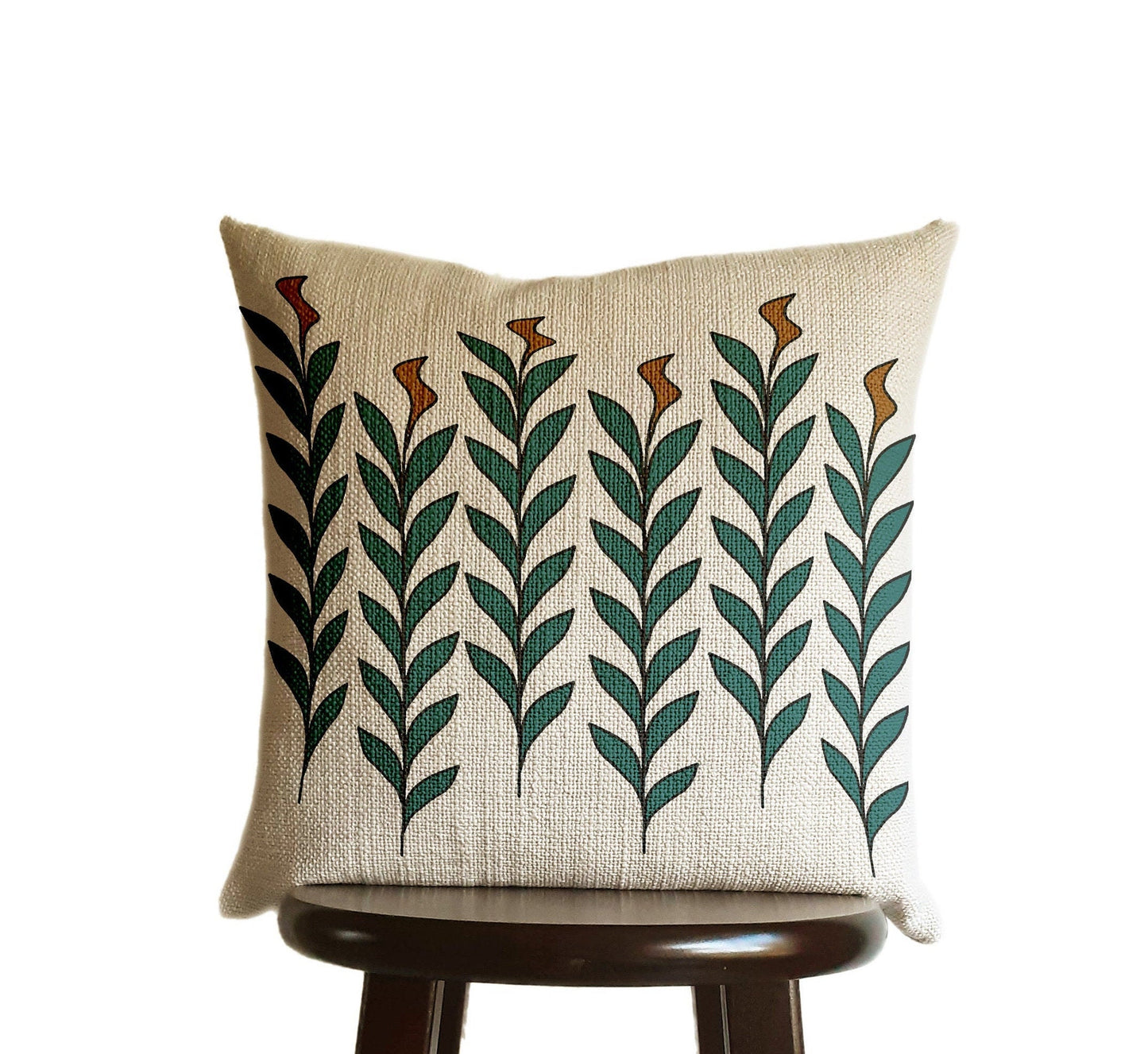 Leaves Pillow Cover Print Copper Bronze Brown Teal Blue Green, Natural Oatmeal Color Textured Woven Fabric in Modern Boho Home Decor - 18x18"