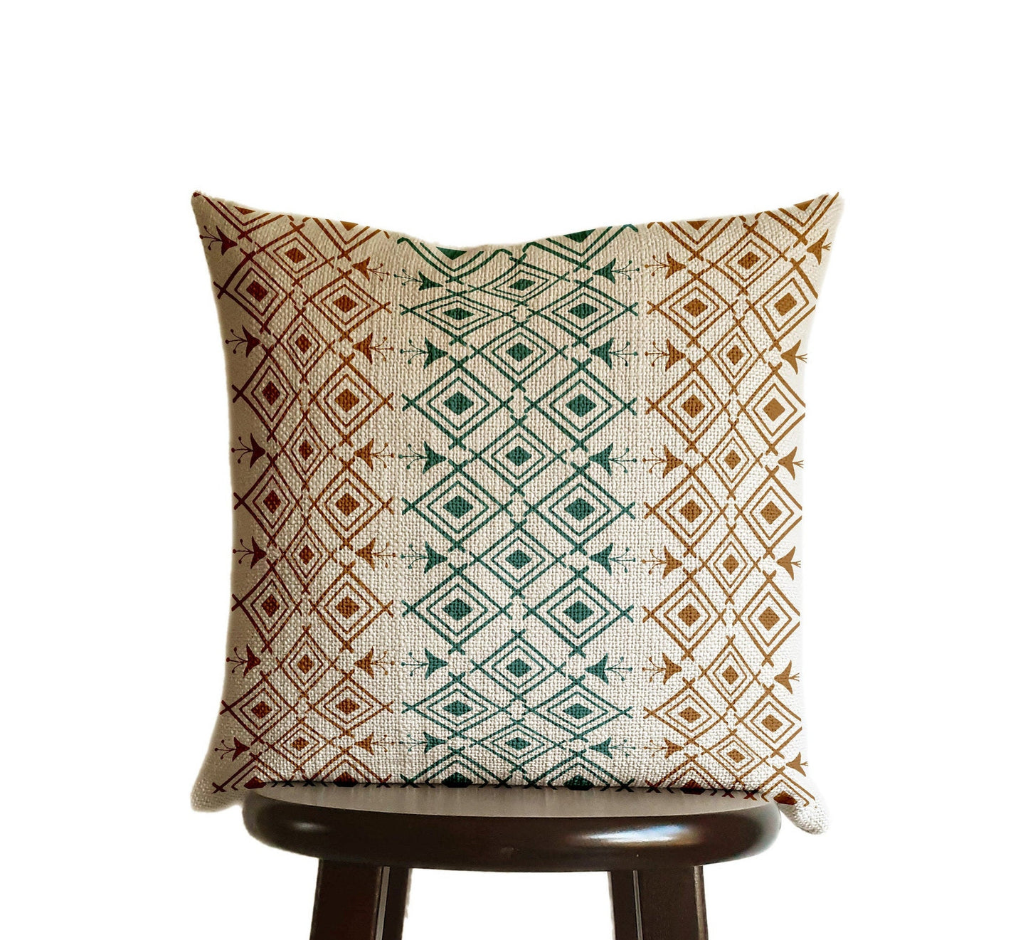 Moroccan Pillow Cover Print Copper Bronze Brown Teal Blue Green, Natural Oatmeal Color Textured Woven Fabric in Modern Boho Home Decor - 18x18"