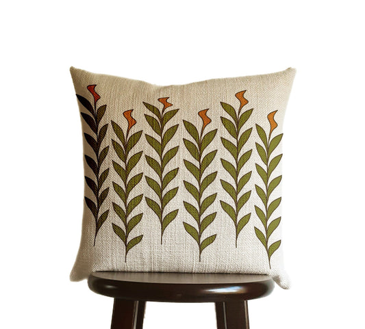 Plant Stem Foliage Leaf Pillow Cover Print Burnt Orange Chartreuse, Natural Oatmeal Color Textured Woven Fabric in Modern Boho Home Decor - 18x18"